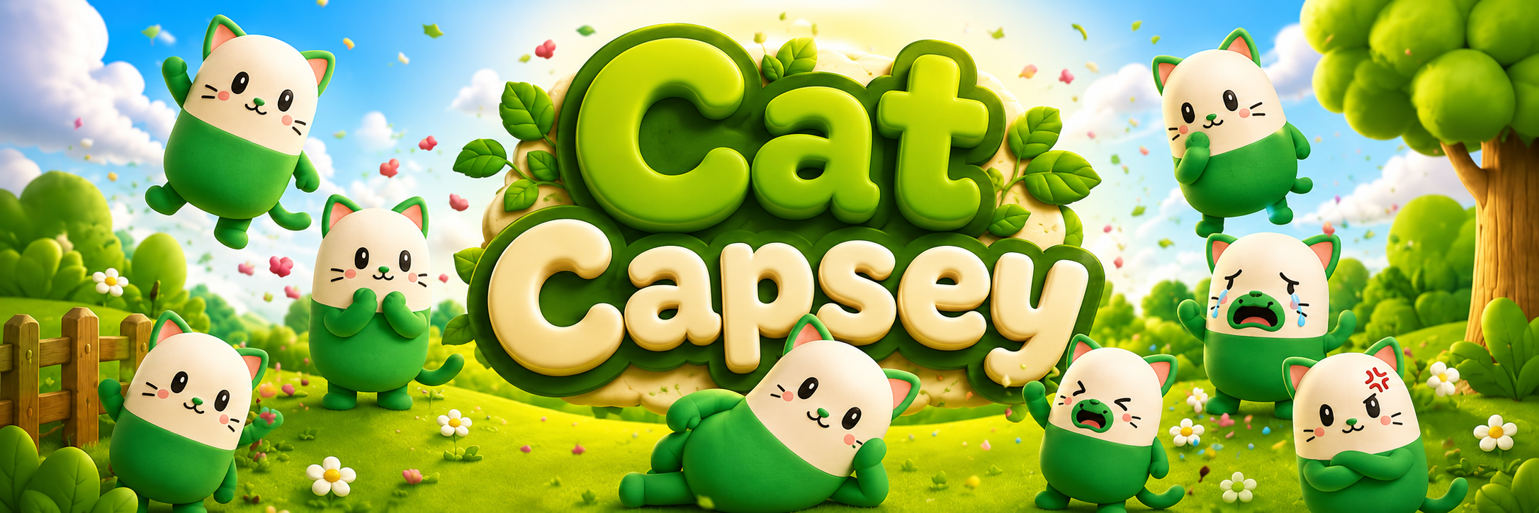 The full CatSey crew posing around the CatSey logo in a green meadow