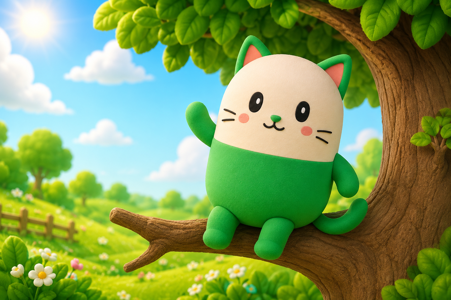 CatSey waving from a tree branch in a sunny meadow
