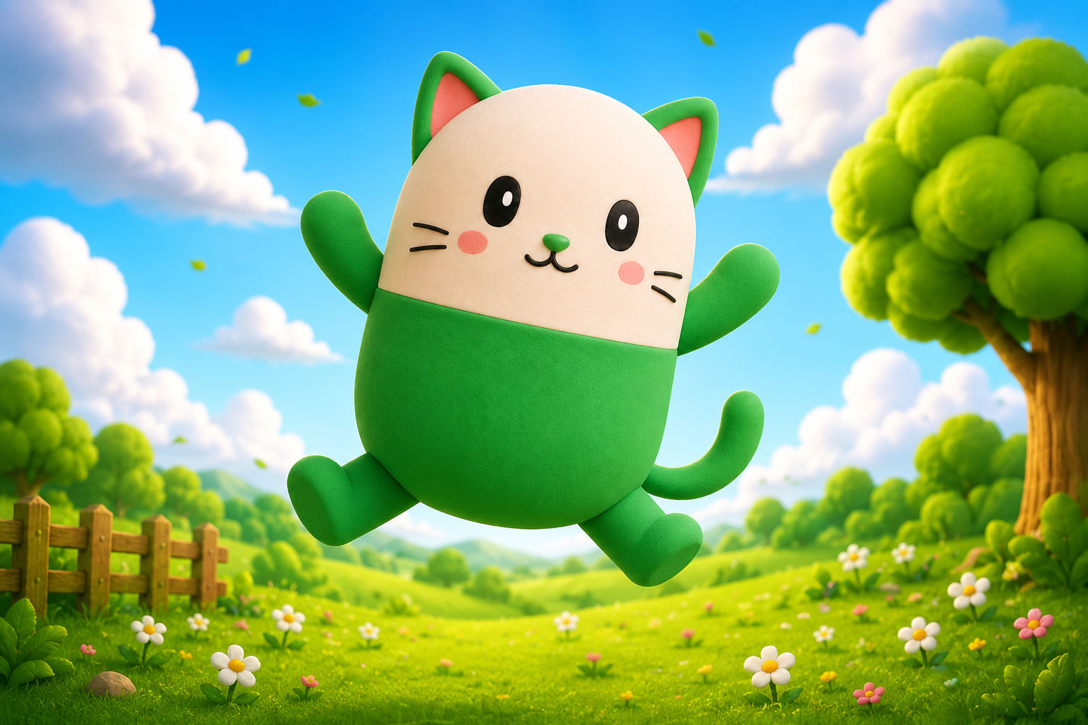 CatSey, a cheerful green plush cat, leaping through a sunny meadow