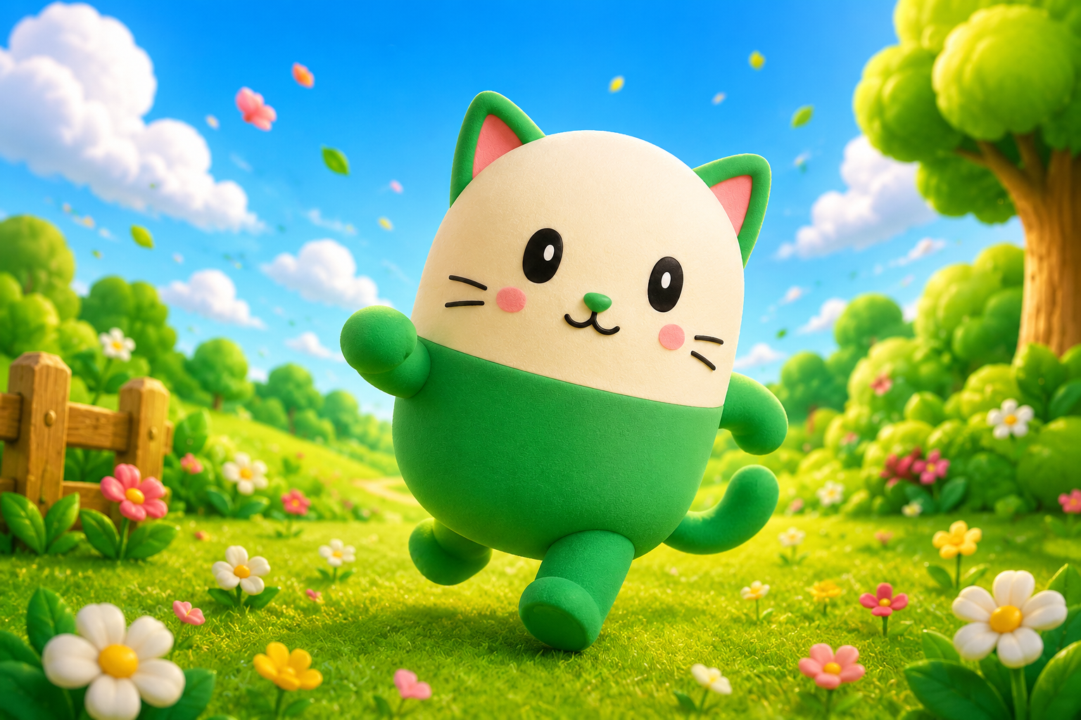 CatSey running happily through a field of flowers